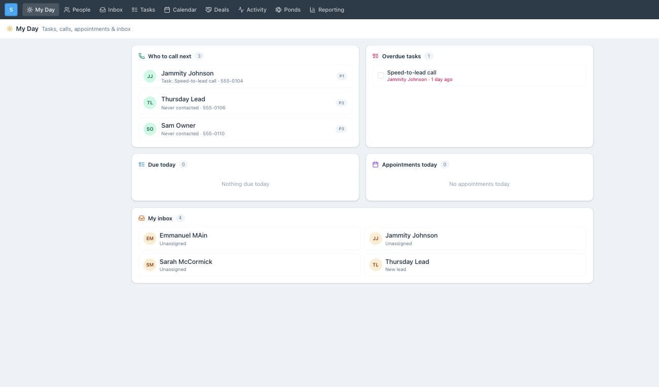 Unificar My Day screen: who to call next, overdue tasks, and the lead inbox