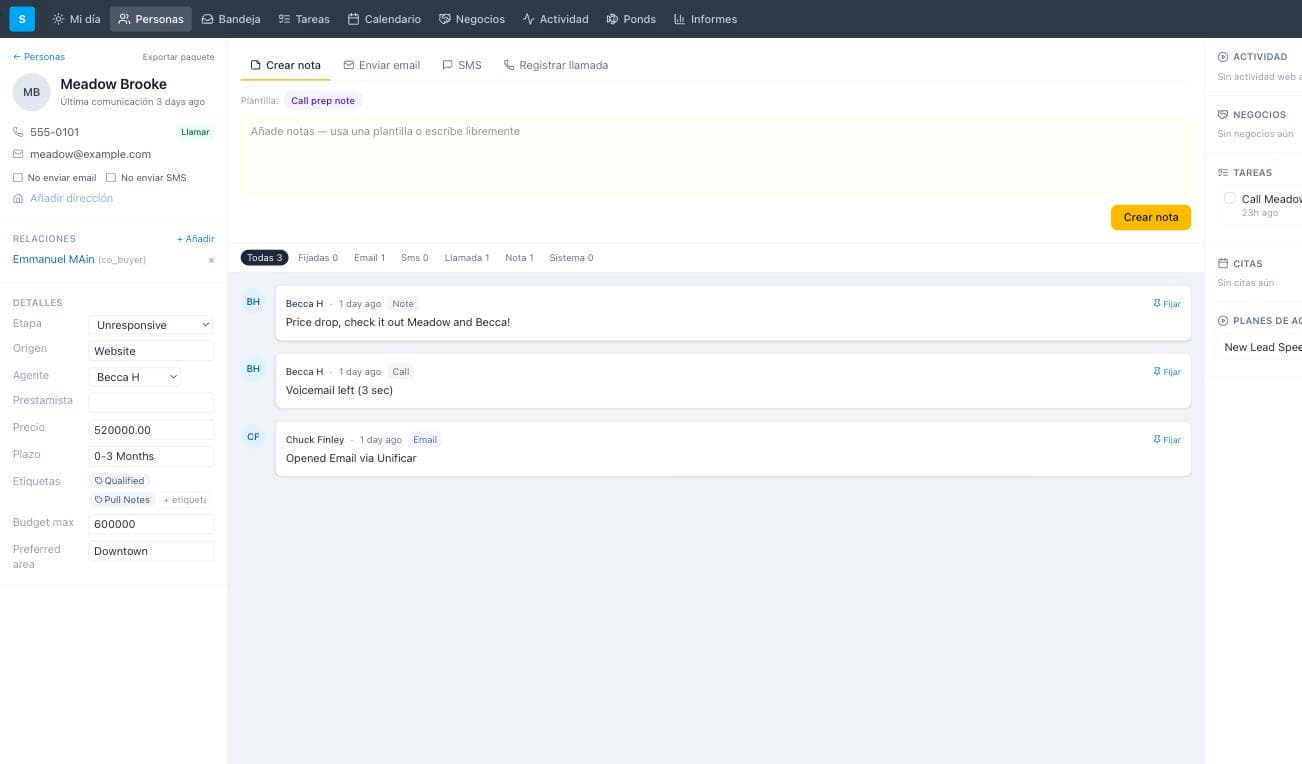 Ficha de persona en Unificar con el compositor de notas y la línea de tiempo
